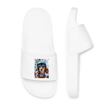 Dachshund Look Yes Dachshund with Cap Stylish Glasses - Women’s Pool Sliders - white - Front