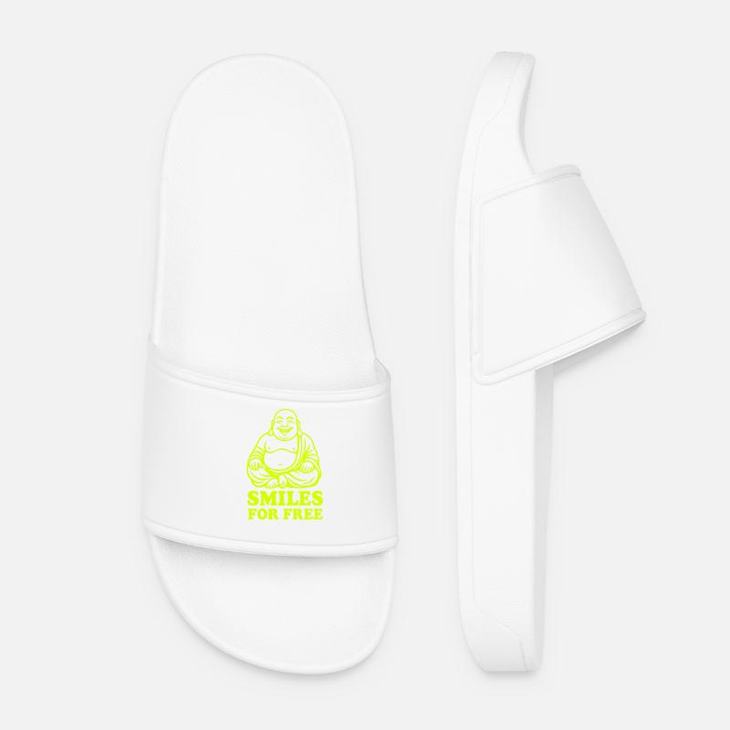 Neon Laughing Buddha on Black - Women’s Pool Sliders - white