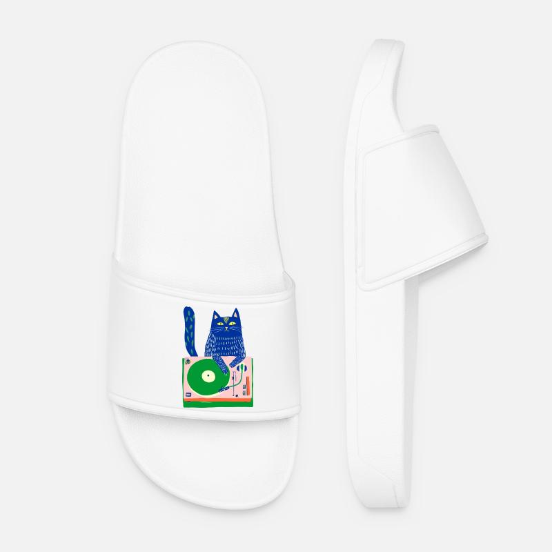 Blue Cat DJ on Whimsical Turntable - Women’s Pool Sliders - white