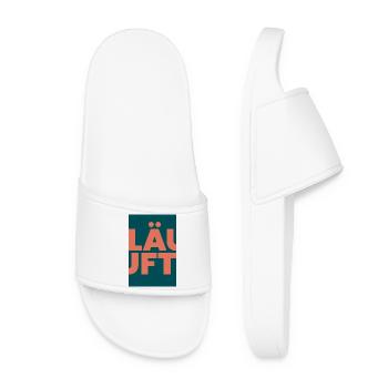 Runs with you- Large Typo in Coral on Teal - Women’s Pool Sliders - white - Front