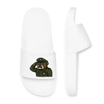 Bulldogge Offizier salutiert Militär Maskottchen Kunst - Frauen Badelatschen - Weiß - Vorne