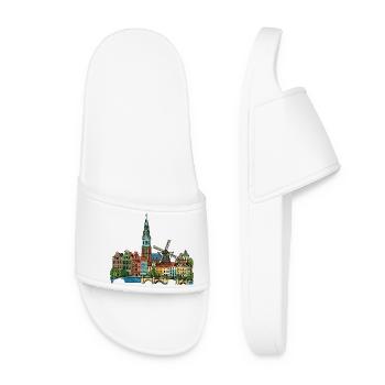 Netherlands Canal Houses Windmill Retro Sketch - Women’s Pool Sliders - white - Front