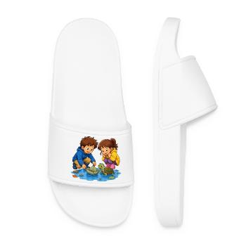 Children's Turtle Leaf Boat in Puddle Cute Motif - Women’s Pool Sliders - white - Front