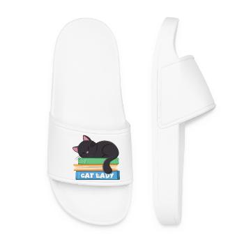 Cat lady sleeping black cat on books - Women’s Pool Sliders - white - Front
