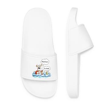 "Matter of opinion" Dog and Duck Cartoon - Women’s Pool Sliders - white - Front