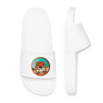 cute rodent patch - beaver nibbles on wood - Women’s Pool Sliders - white - Front