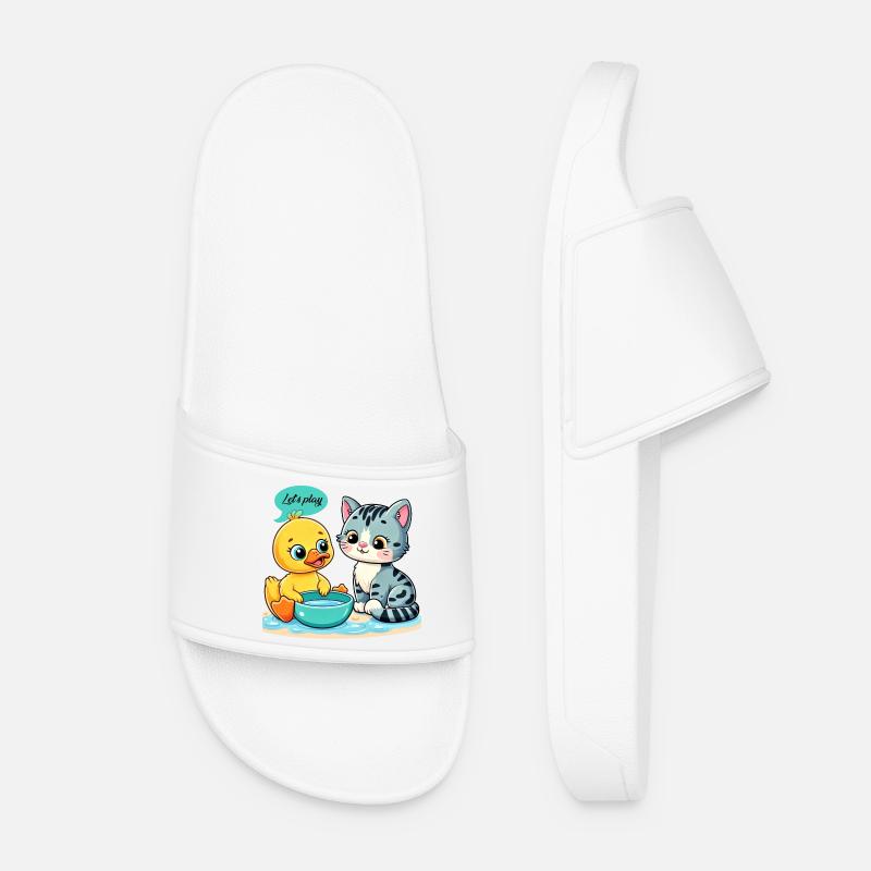 Whimsical Duck and Cat Play Scene - Women’s Pool Sliders - white