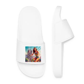 Vintage rainbow bike with pinup - Women’s Pool Sliders - white - Front