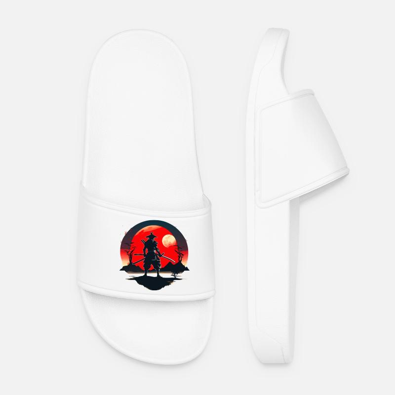 Samurai Silhouette with Red Moon Background - Women’s Pool Sliders - white