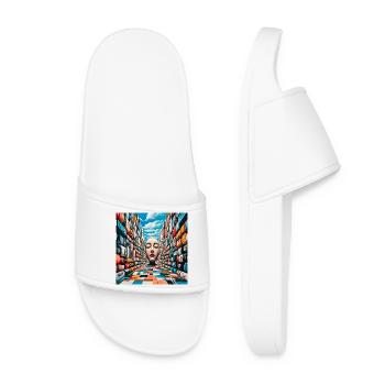 Mysterious Face in Colorful Library - Women’s Pool Sliders - white - Front