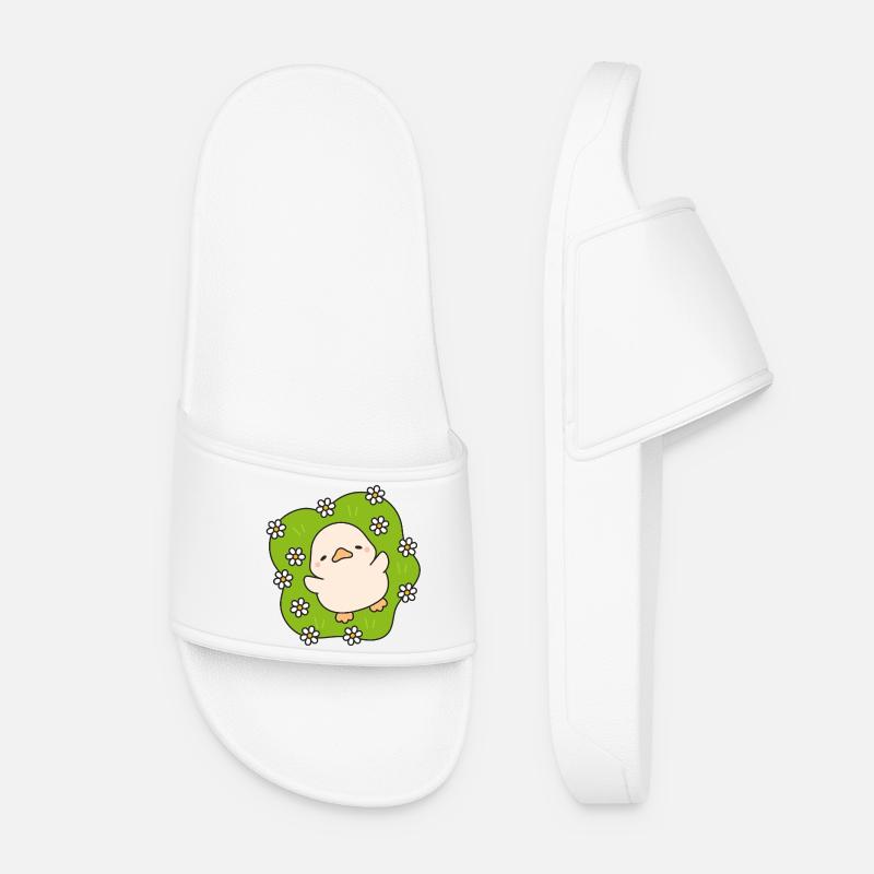 Flowering Chick on Pastel Green - Women’s Pool Sliders - white