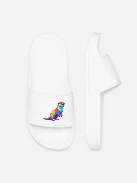 Colorful Otter Rainbow Pop Art Watercolor - Women’s Pool Sliders - white