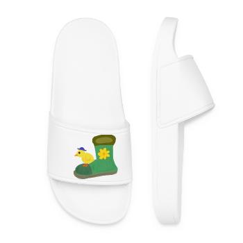 Küken auf Grünem Stiefel mit Blume - Frauen Badelatschen - Weiß - Vorne