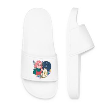 Manga Girl au Café et Lama en Fauteuil Roulant - Claquettes Femme - blanc - Devant