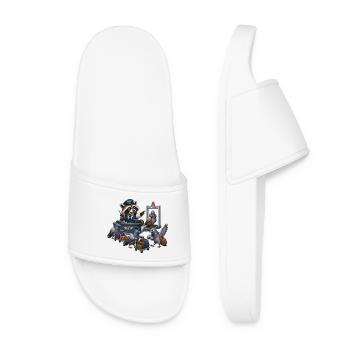 Raccoon checks pigeons at airport chaos - Women’s Pool Sliders - white - Front