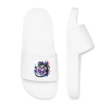 Cute Dragon with D20 Dice – Pen & Paper - Women’s Pool Sliders - white - Front