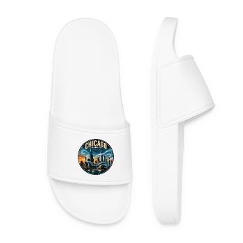 Chicago The Windy City Retro Skyline Badge - Women’s Pool Sliders - white - Front