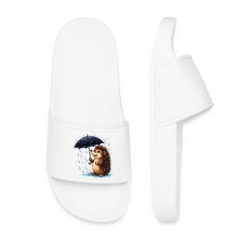 Cheerful hedgehog with umbrella in the rain - Women’s Pool Sliders - white - Front