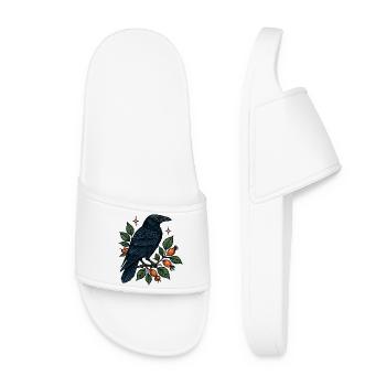 Midnight blue crow on the berry branch - Women’s Pool Sliders - white - Front