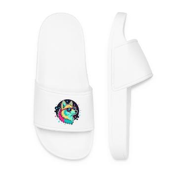 Neon Wolf with Cool Glasses - Women’s Pool Sliders - white - Front