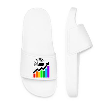 Colored chart happy young man on laptop - Women’s Pool Sliders - white - Front