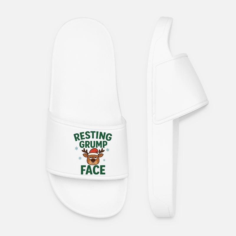 Resting Grump Face Reindeer with Hat - Women’s Pool Sliders - white