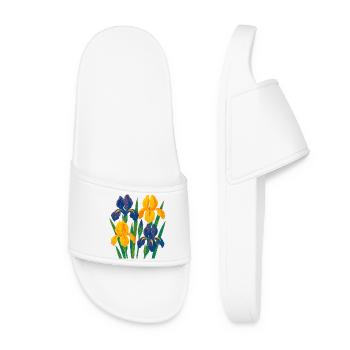Harmonie d’iris : Fleurs dorées et indigo - Claquettes Femme - blanc - Devant