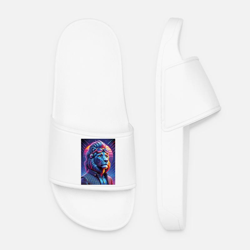 Neon Cyber Lion with Sunglasses - Women’s Pool Sliders - white