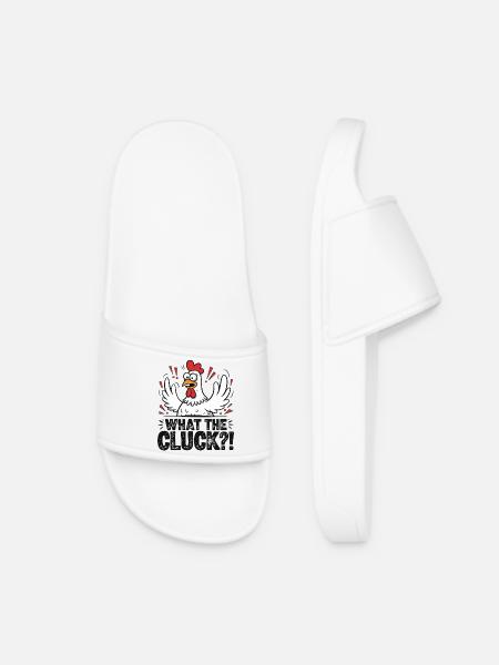 What the Cluck?! Chicken Cartoon Tee - Women’s Pool Sliders - white