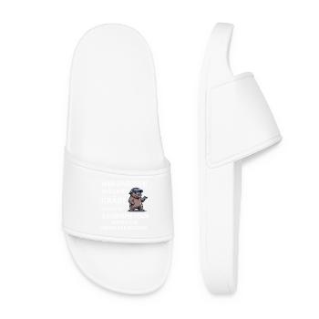 Who digs a pit for others - Funny building saying - Women’s Pool Sliders - white - Front