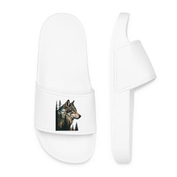 Forest Wolf Portrait with Mountains - Women’s Pool Sliders - white - Front