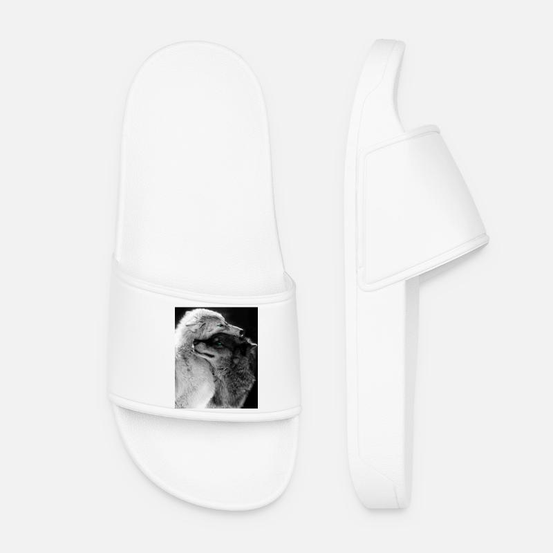 Two Wolves Hugging Blue Eyes - Women’s Pool Sliders - white