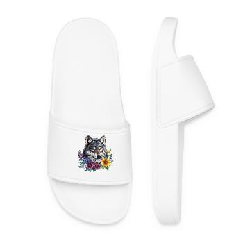 Wolf friend in a flower wreath - Women’s Pool Sliders - white - Front