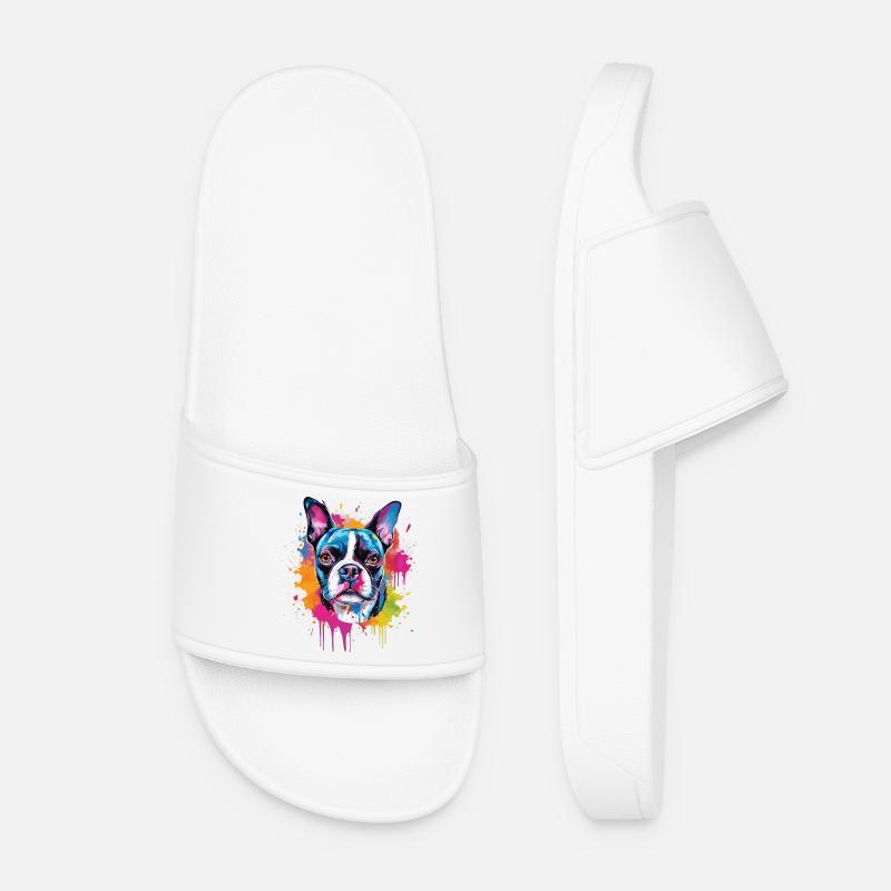 Colorful Boston Terrier Dog Splash Art - Women’s Pool Sliders - white