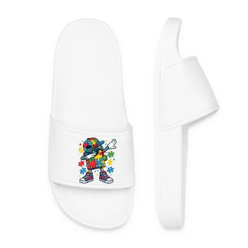 Dabbing Puzzle Piece Mascot Autism Awareness - Women’s Pool Sliders - white - Front