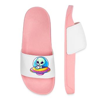 A cute comic alien alien in UFO with - Women’s Pool Sliders - light pink - Front