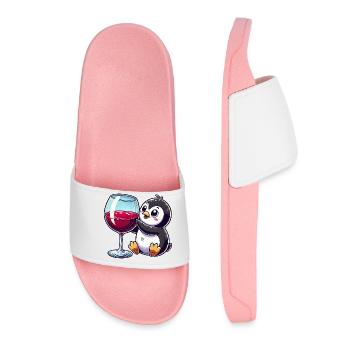 Cute Penguin Red Wine Wine Critic Cartoon - Women’s Pool Sliders - light pink - Front