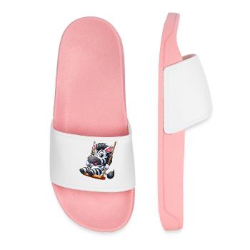 Cute Zebra on Swing Playground Cartoon - Women’s Pool Sliders - light pink - Front