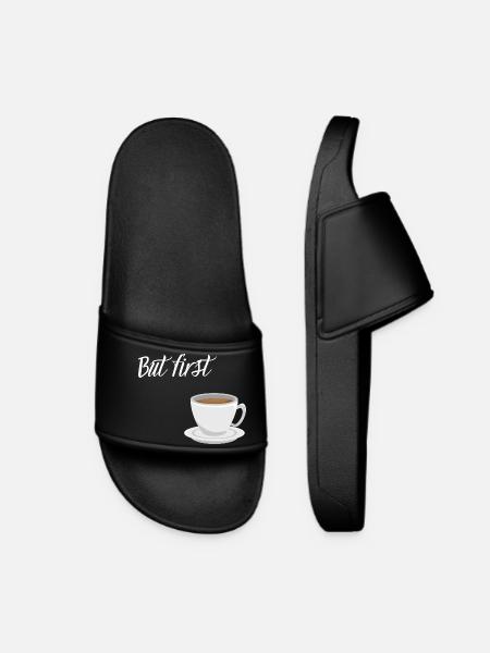 First Coffee - Coffee Design - Women’s Pool Sliders - black