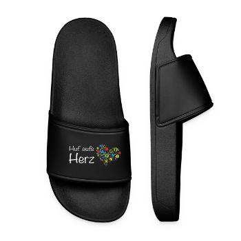 Huf aufs Herz - Hand aufs Herz! Wortspiel Tiere - Frauen Badelatschen - Schwarz - Vorne