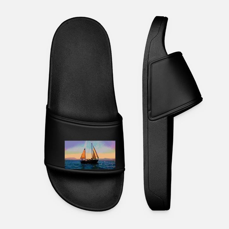 Boat on the water discovers another planet - Women’s Pool Sliders - black