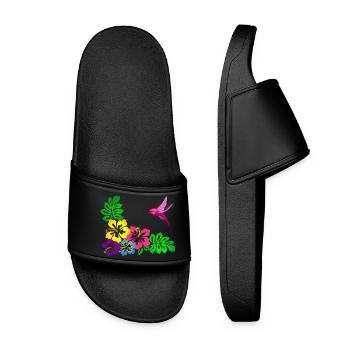 Tropical Hibiscus Motif Hummingbird - Women’s Pool Sliders - black - Front
