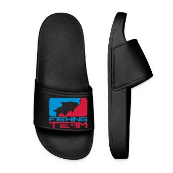 fishing team sport logo red blue caught fish - Women’s Pool Sliders - black - Front