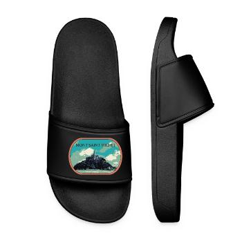 Illustration in blue and green of Mont Saint Michel - Women’s Pool Sliders - black - Front