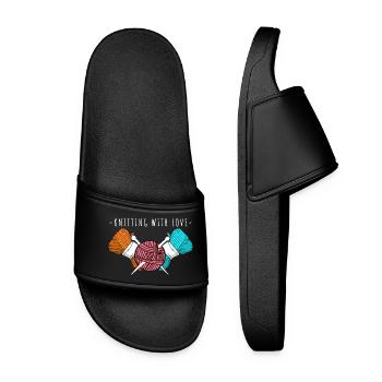 Knitting With Love – Yarn & Needles Art - Women’s Pool Sliders - black - Front