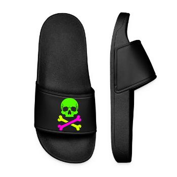 Neon Schädel Gekreuzte Knochen Bunter Pirat Skull - Frauen Badelatschen - Schwarz - Vorne