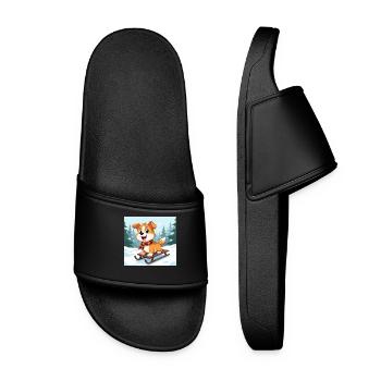 Happy cartoon dog on sled - Women’s Pool Sliders - black - Front