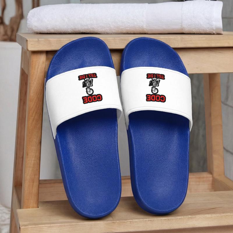 Skeleton with computer CODE TILL I DIE Women’s Pool Sliders