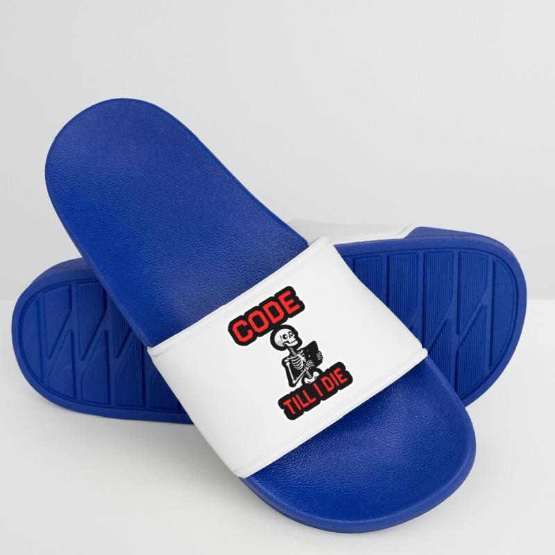 Skeleton with computer CODE TILL I DIE Women’s Pool Sliders
