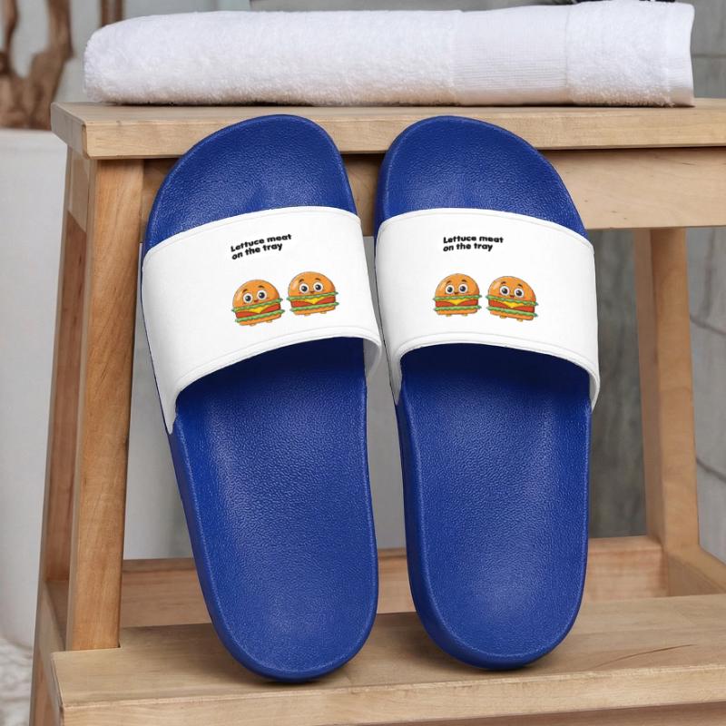 lettuce meat on the tray funny burger pun Women’s Pool Sliders